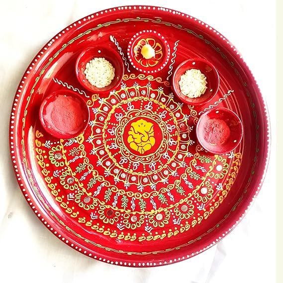 Best Navratri Home Decoration Items (2026) 42 P.A.Decorative Handwork Ganeshaji Steel Aarti Pooja Thali Set/Hal...