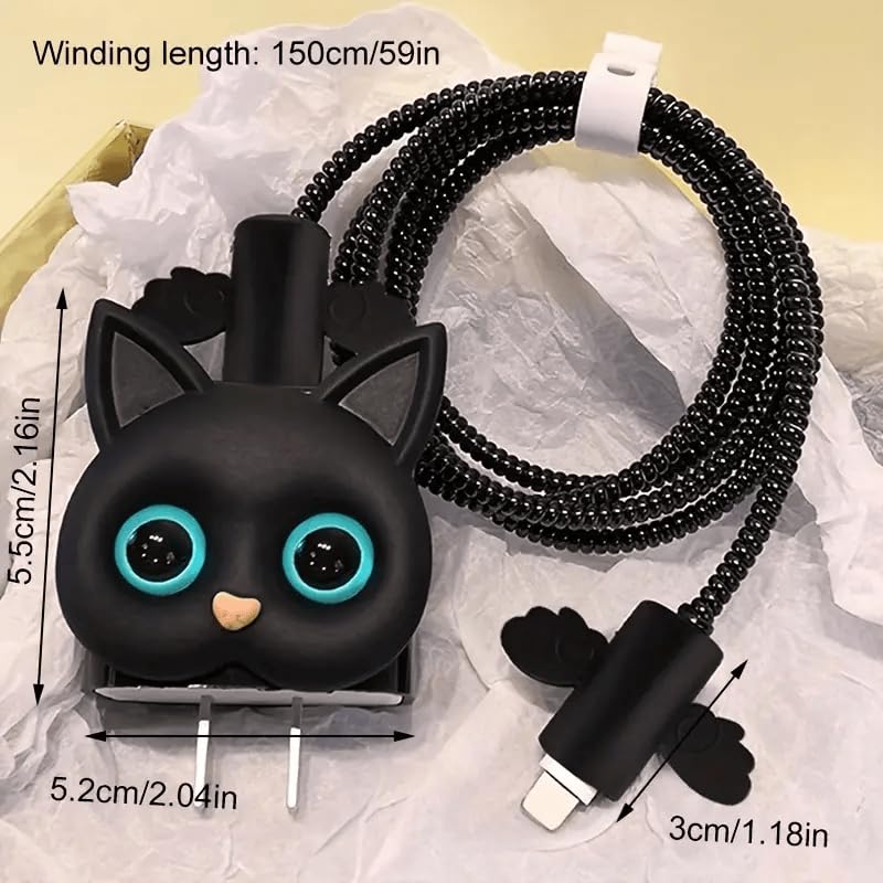 Image of skysia Charger Protector and Cable Protector for iPhone (18W-20W) - 3D Cute Pattern, Data Line Wire Saver, Full Protection Cover 4 in 1 - Multicolored (One Piece) (Black Cat Big Eyes)