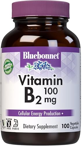 Bluebonnet Nutrición Vitamina B2 100 mg, para la salud cardiovascular y del sistema nervioso, sin soja, sin gluten, certificado Kosher, sin lácteos,