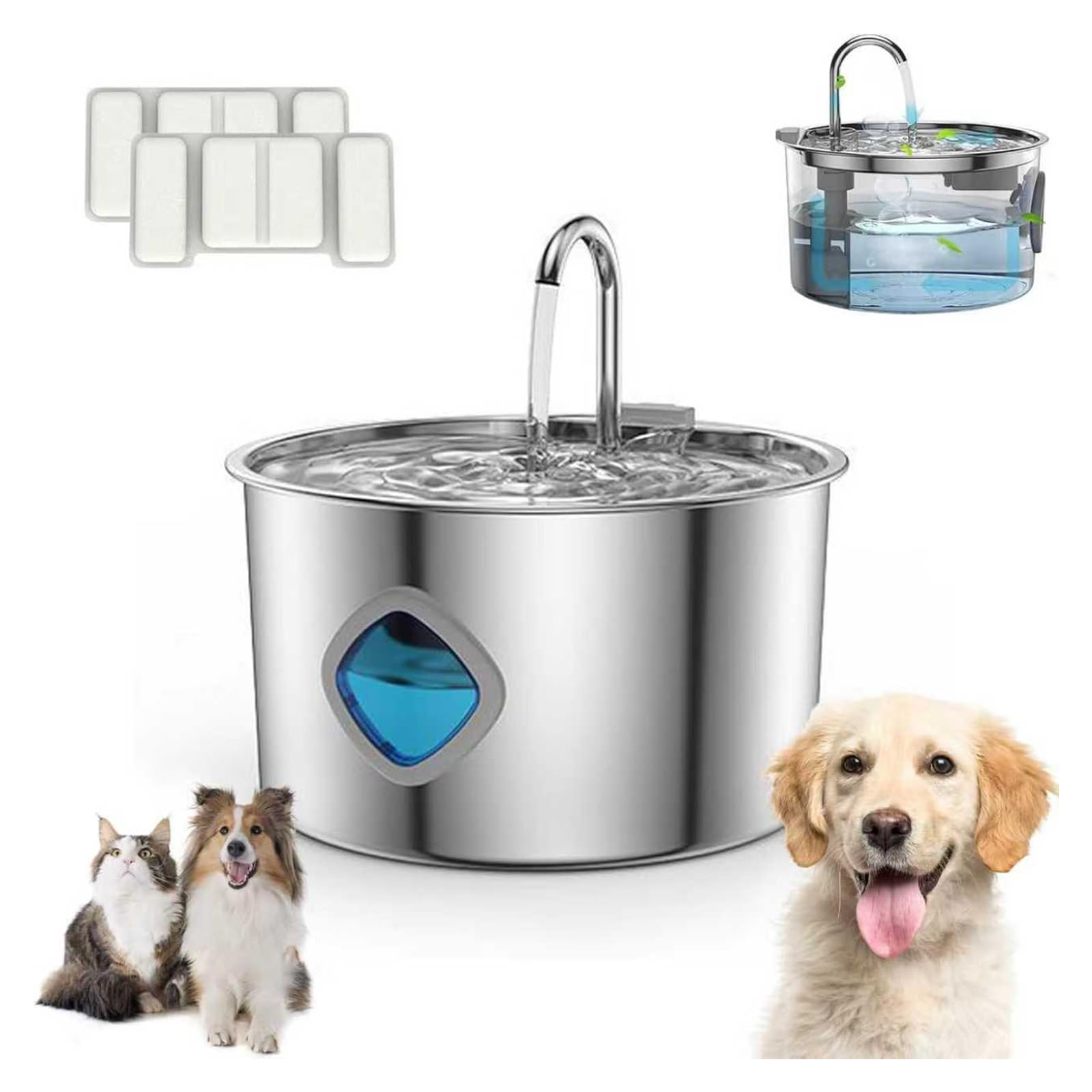 Katzenbrunnen Edelstahl 2.0, Trink Tiger Nordflow Mini Leise, Nord Flow für Katzen & Hunde, für Familien mit Mehreren Haustieren (3.2 L, with 2 Filters, Silber)