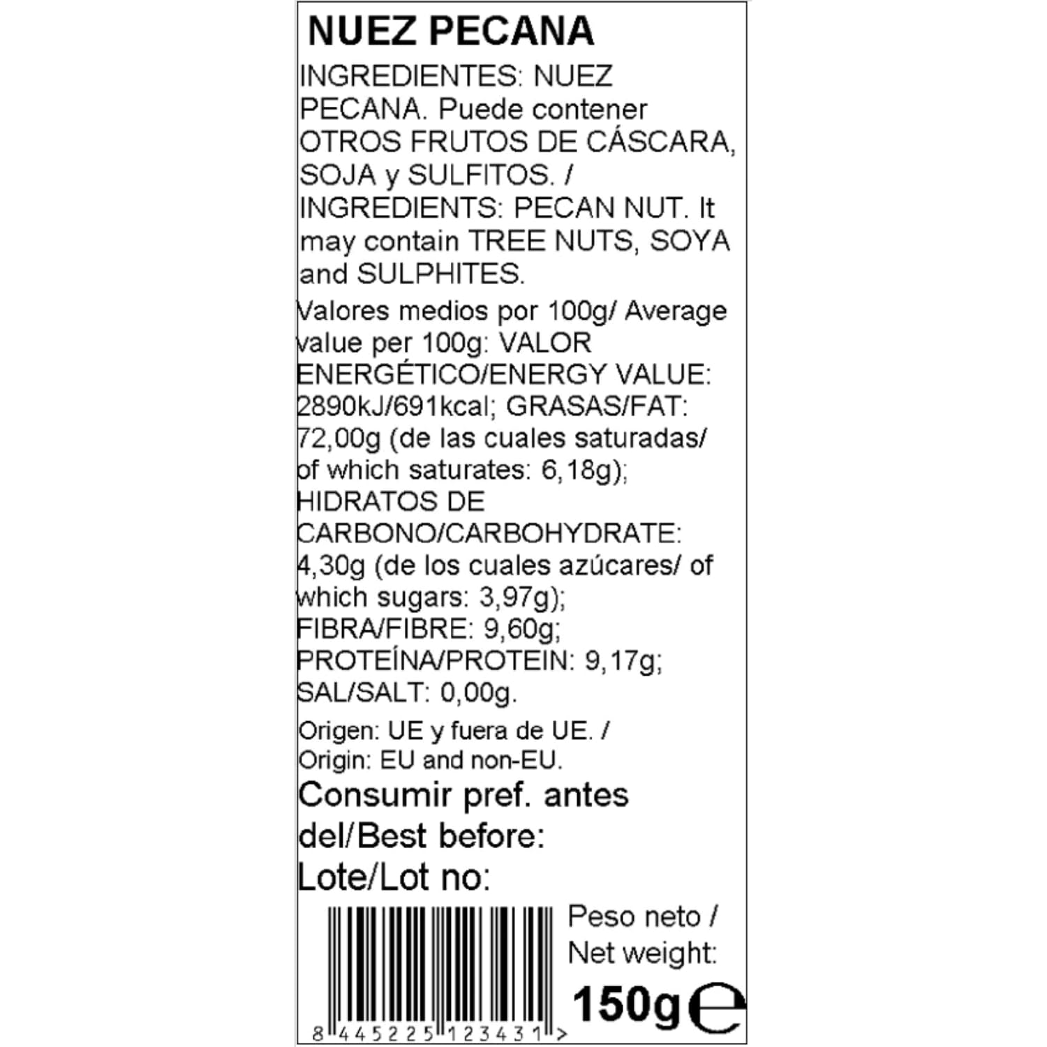 Nuez pecana natural troceada 450 gr nut&me | Vegano | Sin gluten | Alto en fibra| Bajo en sal | Sin aditivos ni conservantes | Fruto seco natural | Pack 3 x 150 gr