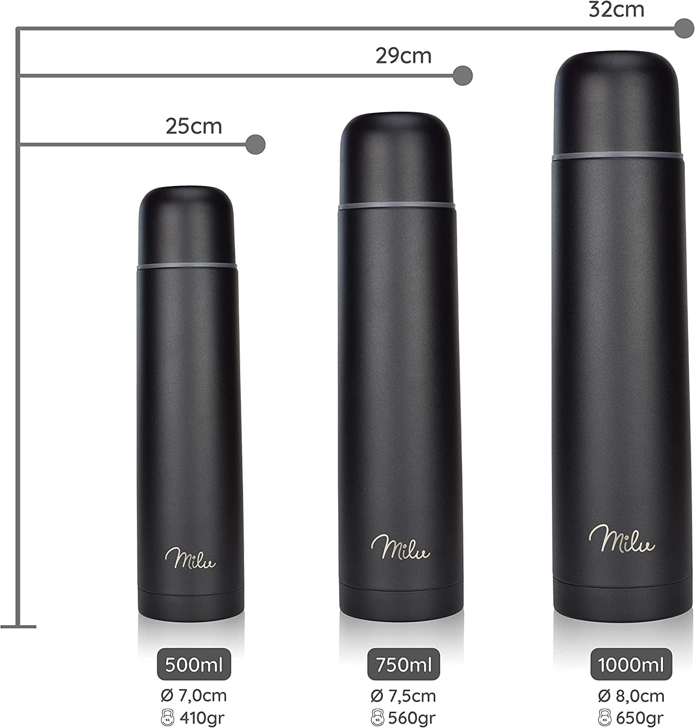 Milu Termo con grabado de 1 L, 750 ml, 500 ml, idea de regalo, regalo personalizado con nombre de Navidad para hombres, mujeres, mamá, papá, novia, (500 ml + grabado)