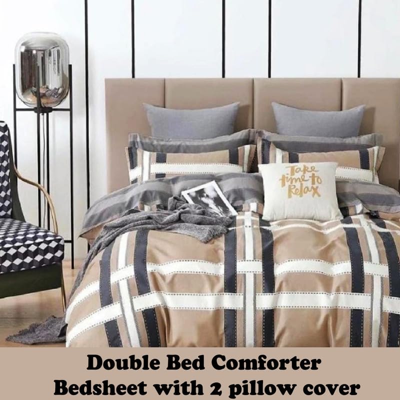 Image of Polycotton Printed 120 TC Comforter & Bedsheet Double Bed Bedding Set, Queen Size (90x100 inch), Grey & Cream, 4 Pieces