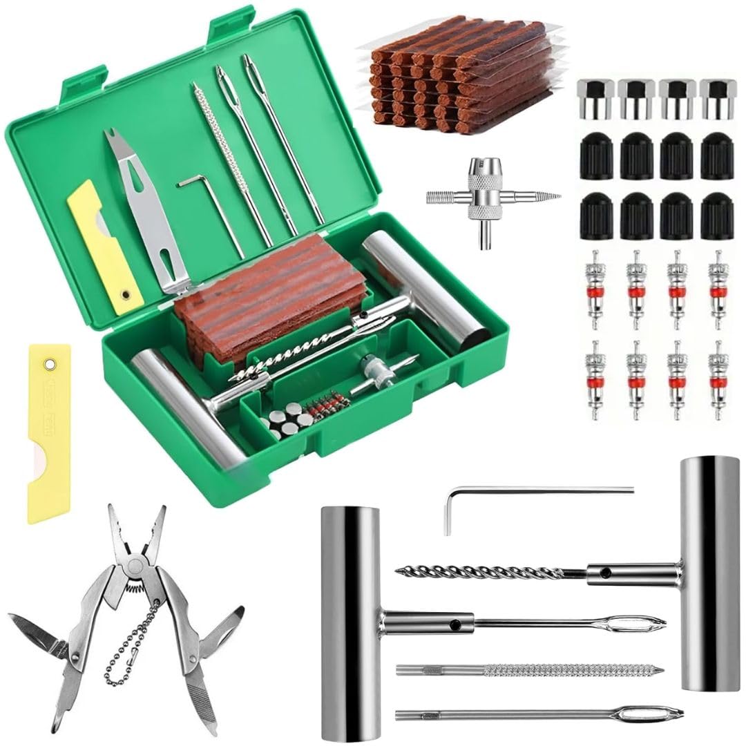 Anti-Puncture Kit - Car Puncture Repair Kit - Includes 24 Wicks, T-Tools, Valves, Cutter and Multi-purpose Pliers - Quick Repair in 15 Minutes