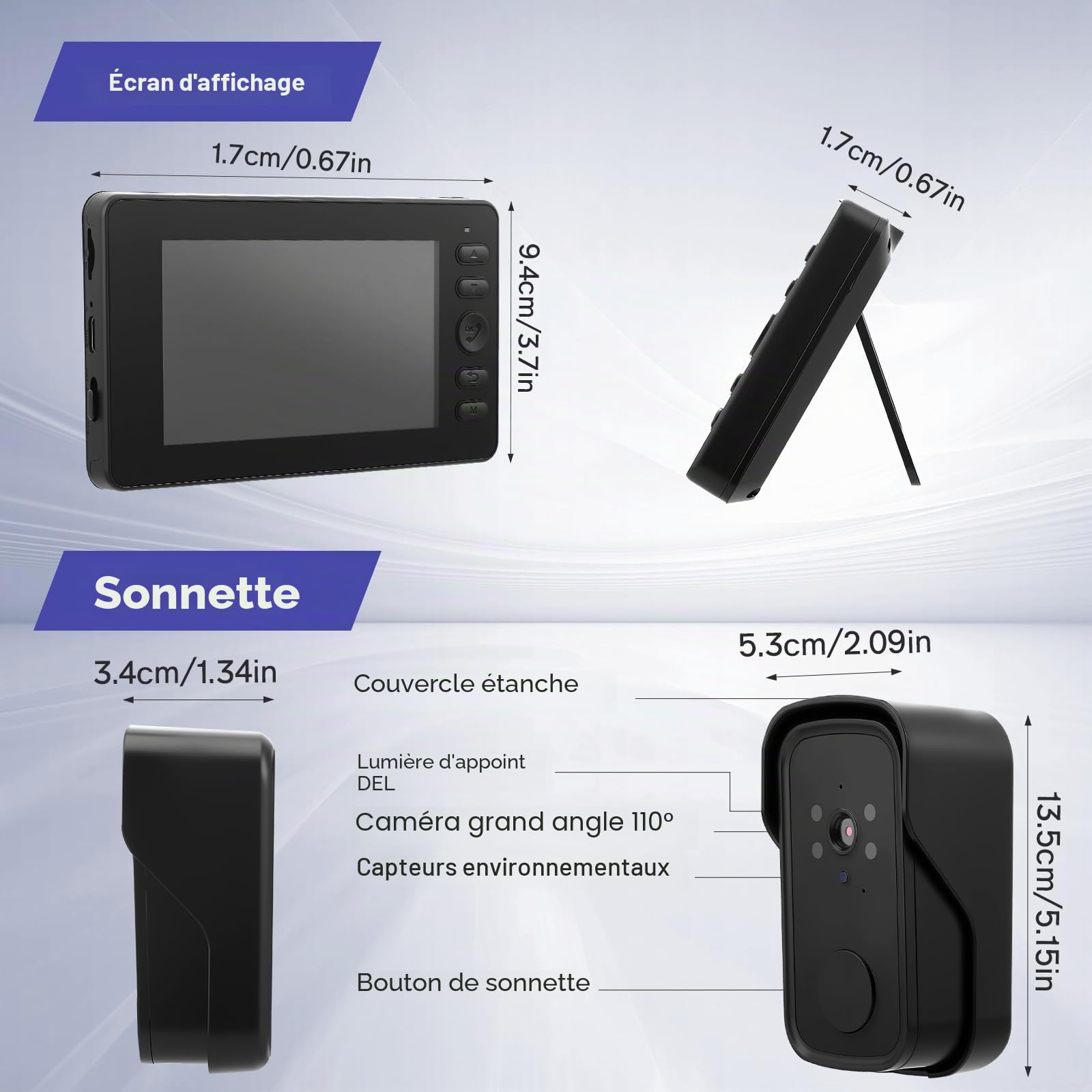 Sonnette Sans Fil avec Caméra 1080P Extérieur Étanche IP65, Visiophone avec Écran 4.3 Pouces, Angle 170° Vision Nocturne Audio Bidirectionnel, Interphone Vidéo Sans WiFi Sans Abonnement pour Maison