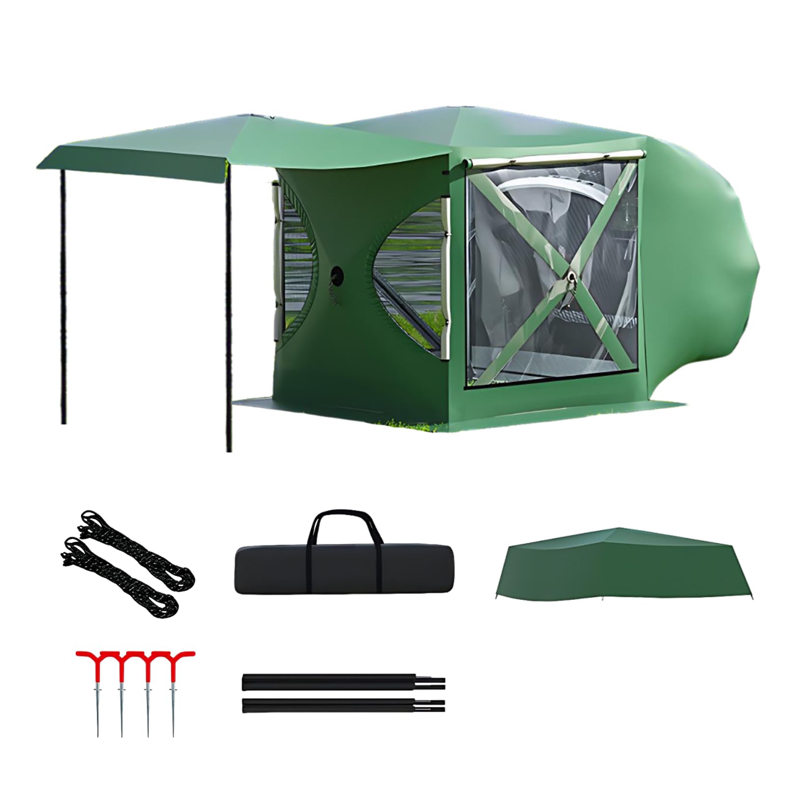 UPLTOE Panoramic SUV Tailgate Tent, 3-4 Person, Pop-Up Instant Setup, Large TPU Windows, Silver-Coated Oxford, with Portable Carry Bag, Rain Cover, Stakes, Guy Lines, Carry Bag Green-A