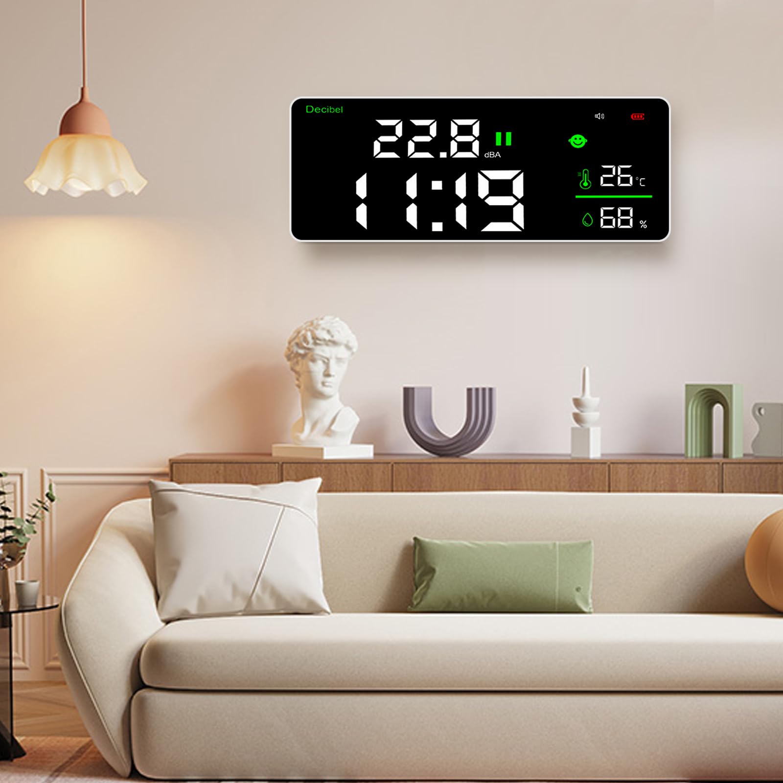 Medidor de Nivel de Sonido Digital Colgante, Decibelímetros Inteligente con Gran Pantalla LCD, Reloj, Detección de Temperatura y Humedad, Decibelios 30~130 dB con Alarma para Monitor de Ruido