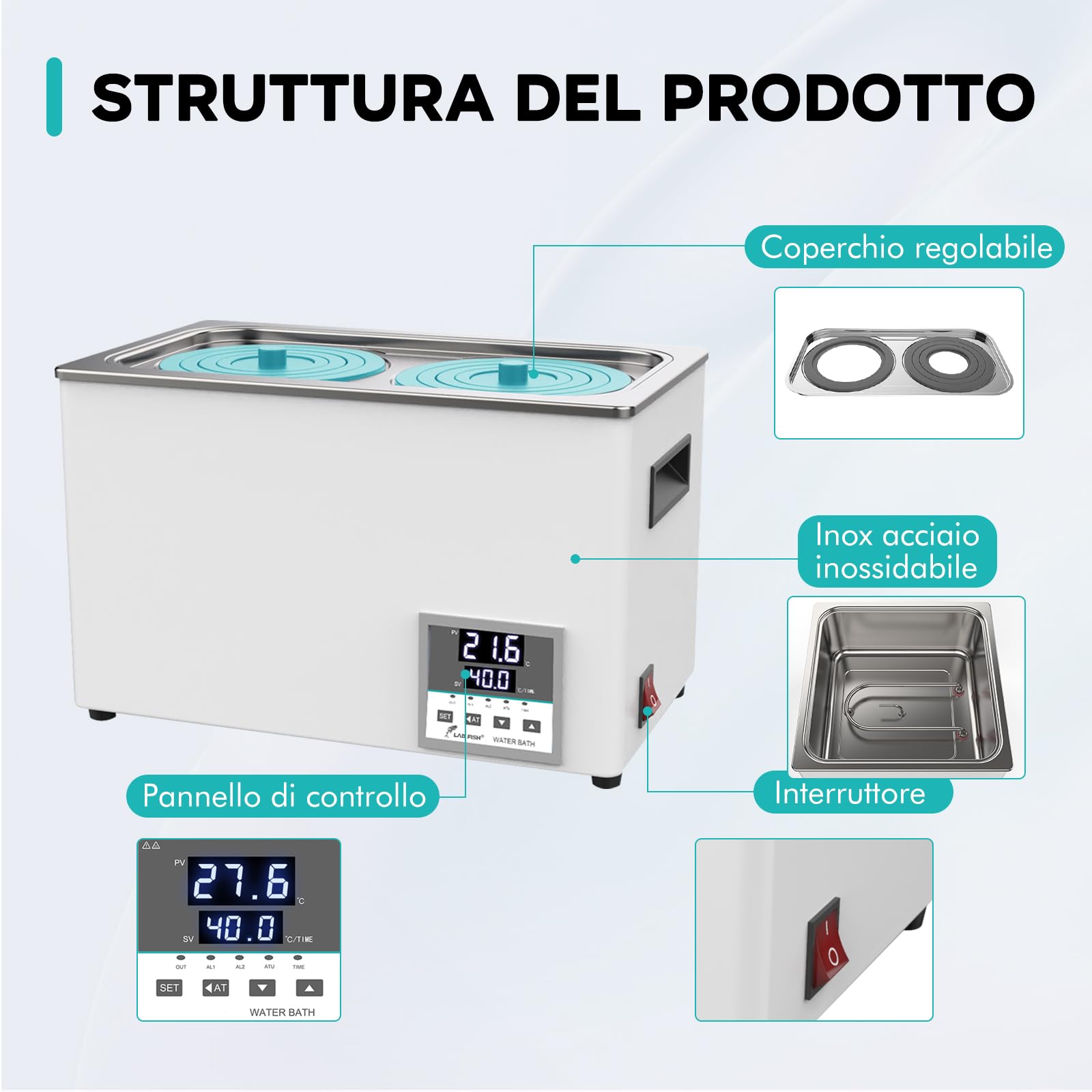 LAB FISH Bagnomaria da Laboratorio Termostatico Bagno d'acqua 6L, 600W - Doppia Apertura, Acciaio Inox - Termostato di Precisione ±0,1°C - Timer 0-999min - Display LED