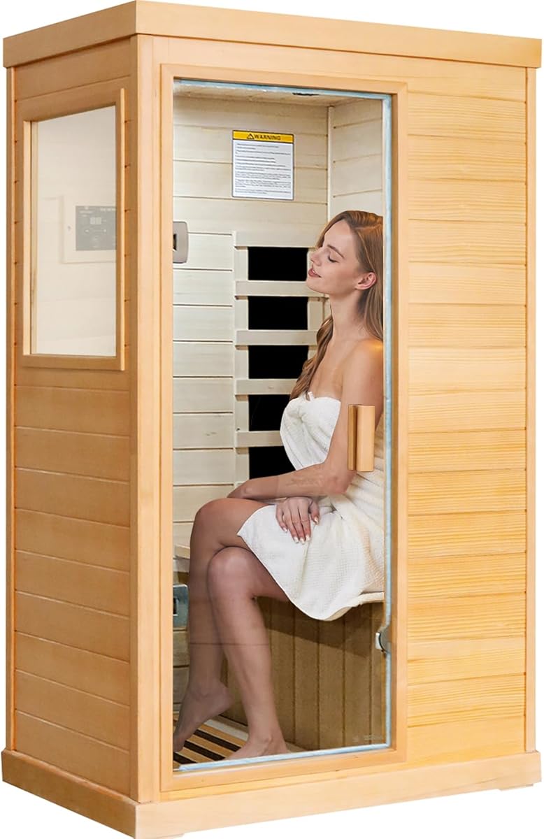 Far Infrared Sauna Home Sauna Spa Room Canadian Hemlock Wood 800W Indoor Saunas Low EMF 110V with Control Panel and Tempered Glass Door, Room: 35.2 * 27.6 * 61.6Inch