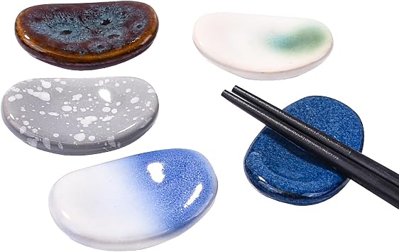 5-Pc Ceramic Chopstick Rest Set, Natural Pebble Shaped Utensil Holder, Unique Reactive Glaze Spoon Rest & Fork Stand for Dining Table, Rustic Decorative Gift Set