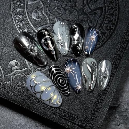 24Pcs Gothic Handmade Press on Nails Medium Almond Fake Nails with 3D Butterfly & Silver Star Irregular Design Cat Chrome False Nails Punk Black Nail Tips Y2K Cute Stick on Nails for Women