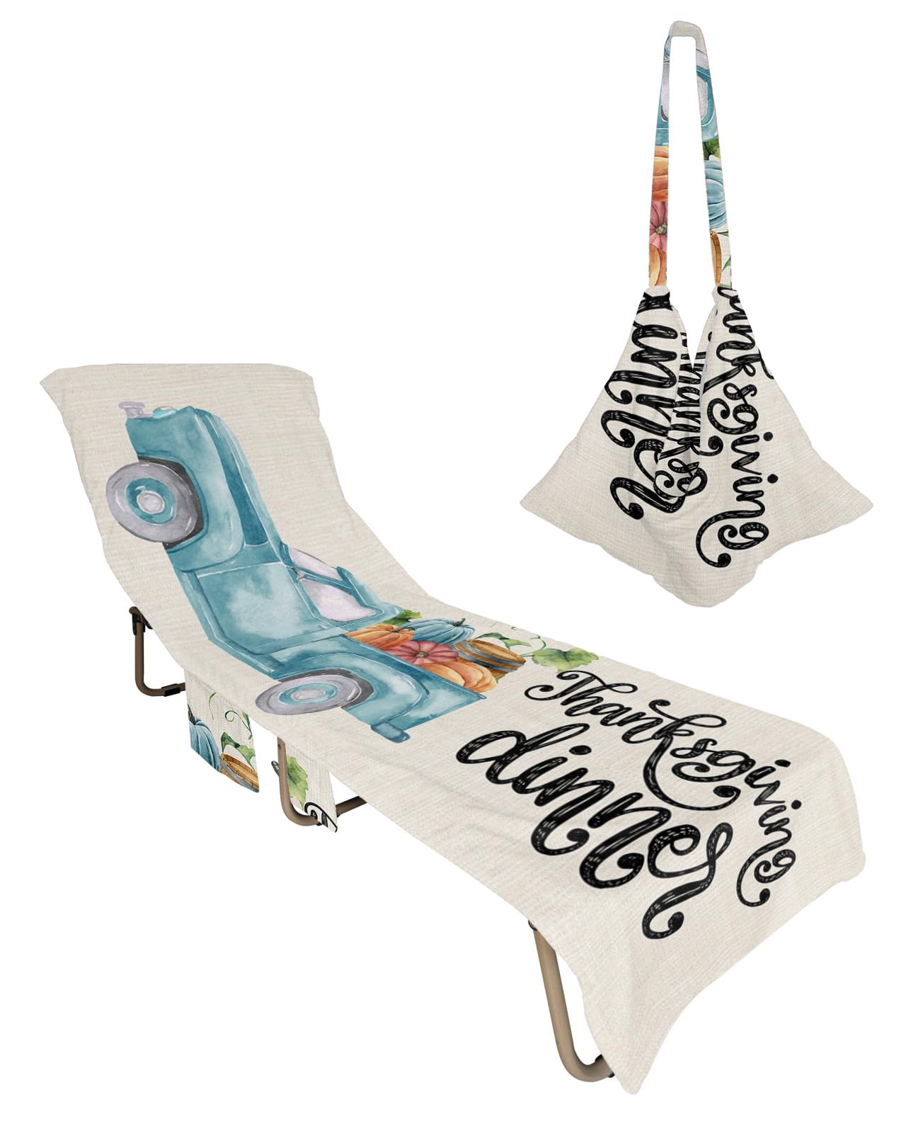 Fall Thanksgiving Beach Lounge Chair Towel Cover, Soft Chaise Lounge Towel with Side Pockets Patio Pool Chairs Cover for Beach/Pool Sunbathing 29x85 Watercolor Blue Truck Pumpkins Rustic