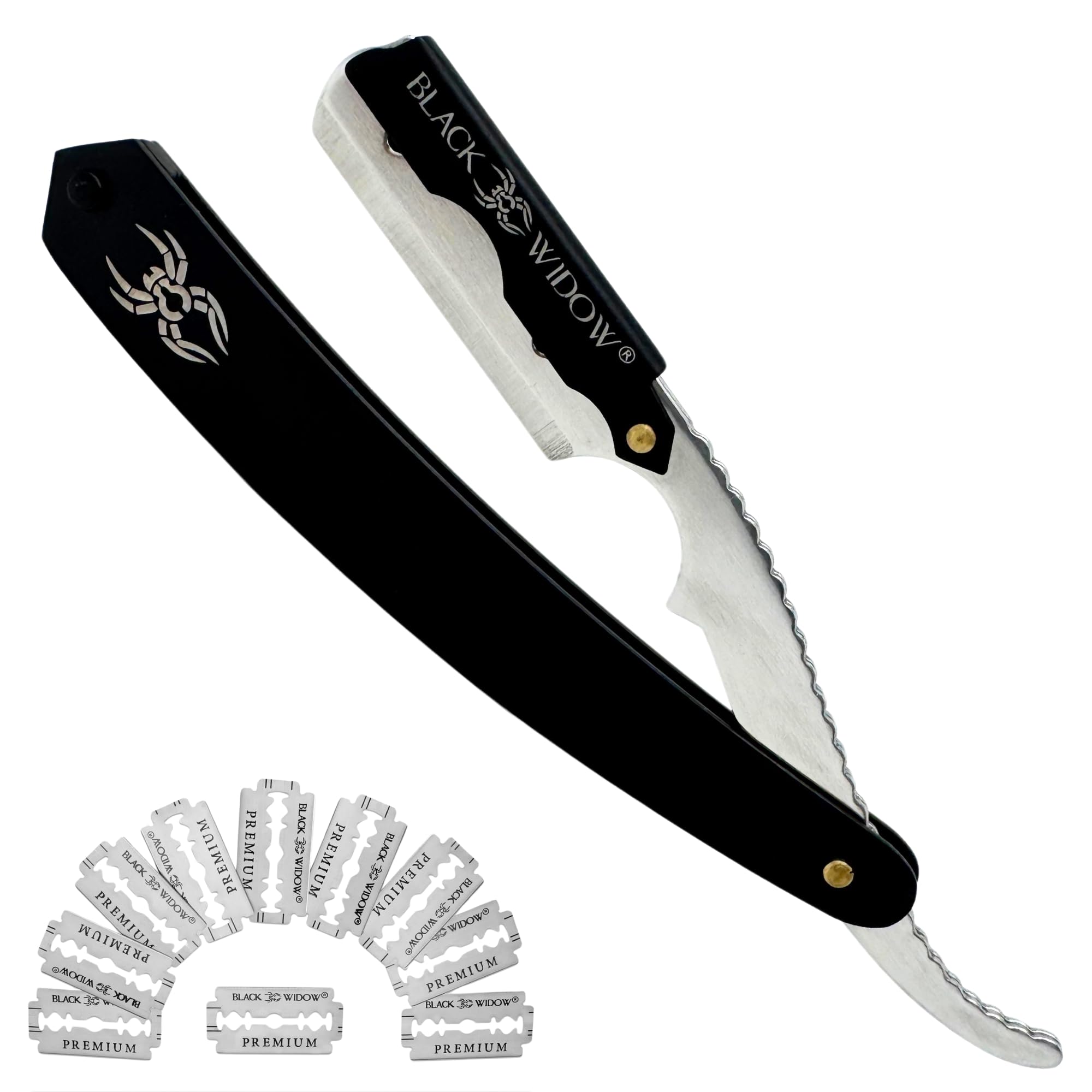 Black Widow Professional Barber Straight Edge Razor – Stainless Steel Shavette, 1.5 mm Blade Exposure, Matte Black & chrome, 10 Double Edge Blades (20 Single-Edge) for Lineups & Beard Shaping