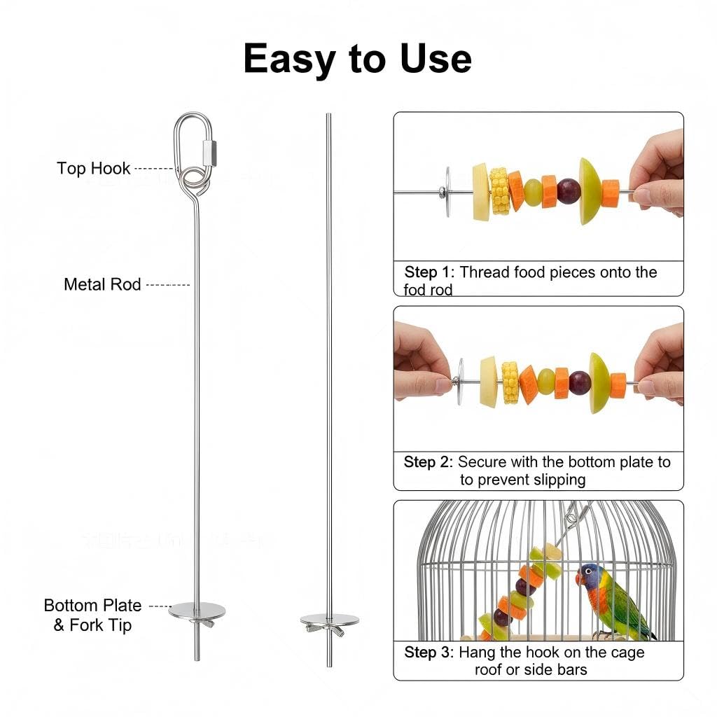 3P Stainless Steel Bird Cage Food Holder & Foraging Toy for Parakeets, Budgies, Macaws - Fruit & Vegetable Skewer Feeder - image 4