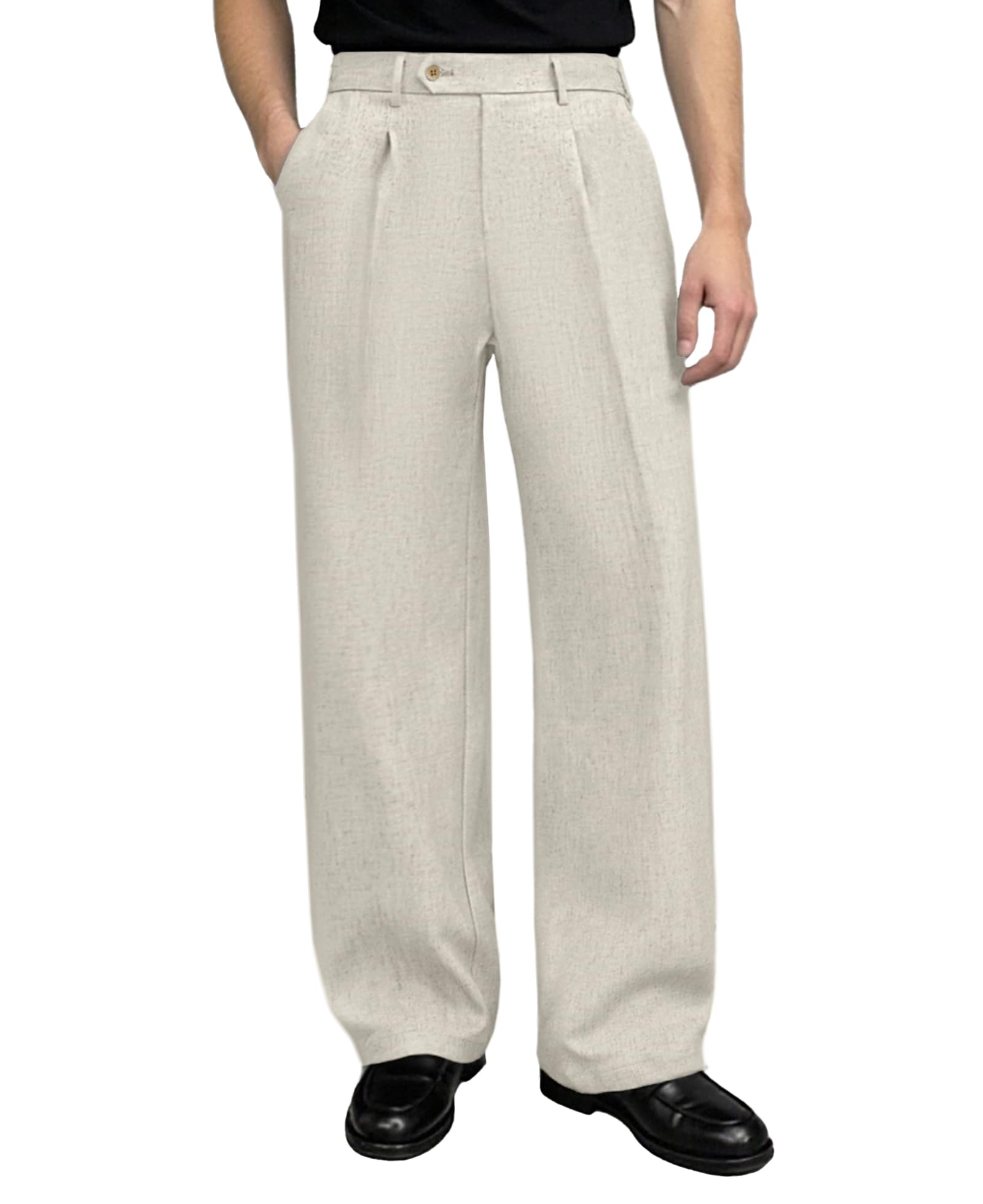 Susclude Mens Linen Casual Dress Pants Old Money Pleated Wide Leg Baggy Vintage Relaxed Fit Slacks Work Office