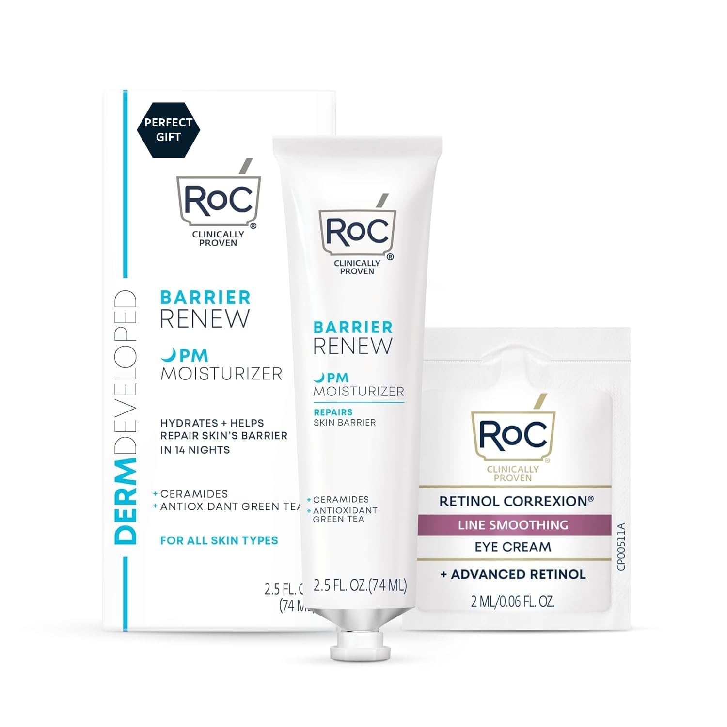RoC Barrier Renew Night Moisturizer with Ceramides & Antioxidant Green Tea and Lipo Peptides to Renew Skin Barrier, (2.5 oz) with Retinol Eye Cream Packette
