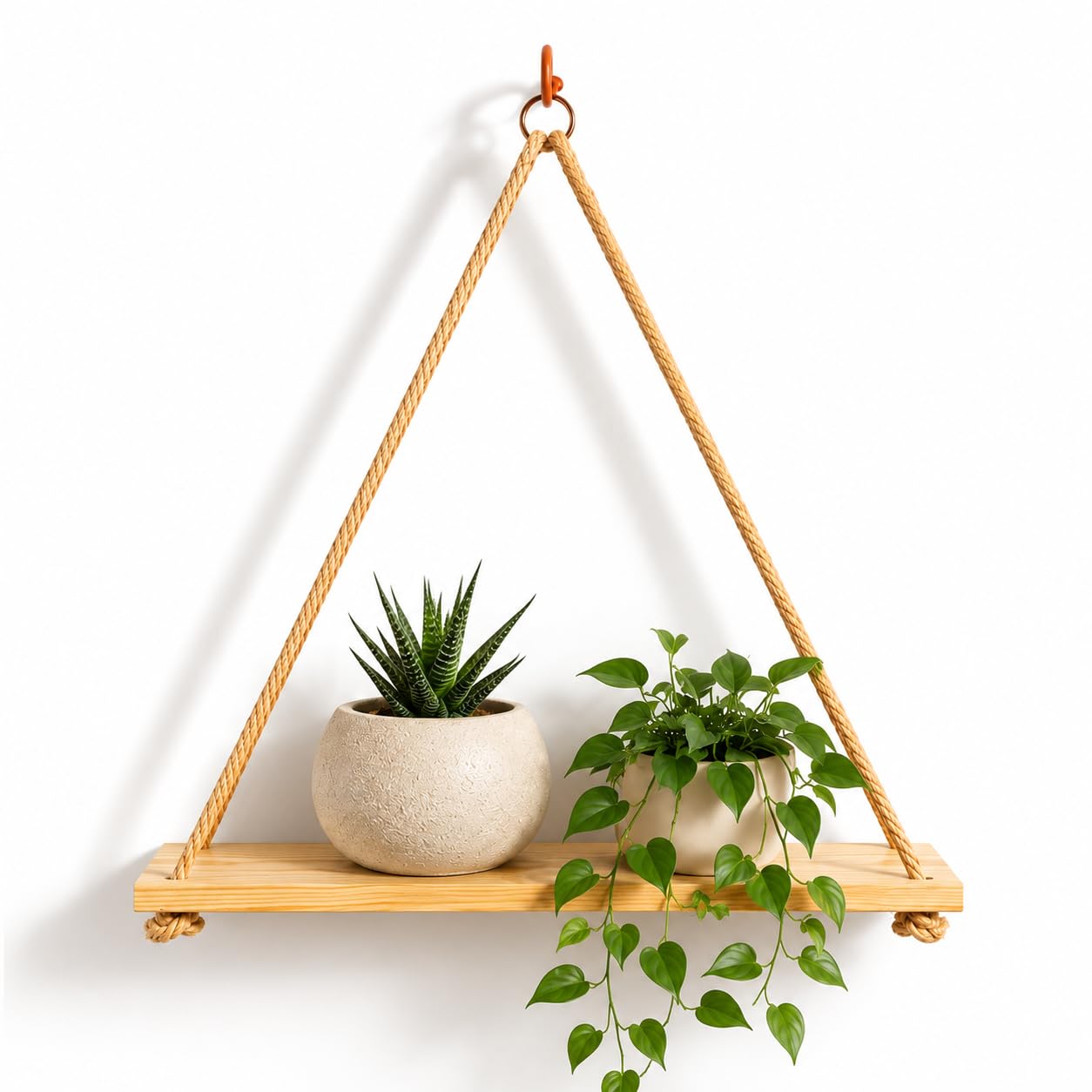 Solid Pinewood Hanging Shelf - Adjustable Rope Wall Mount Shelf, Heavy Duty Plant Display Shelf for Bedroom Living Room Kitchen, Natural Wood Finish (1Pcs)-image-30