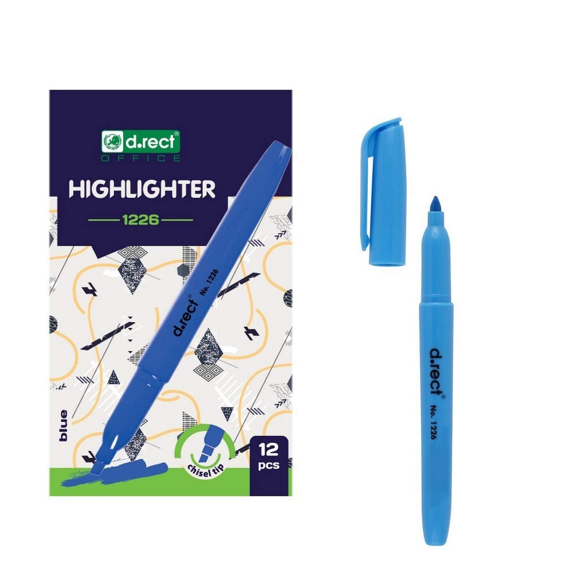 D.RECT 1226 Blue Chisel Tip Highlighter Pens x 12