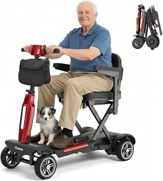 iScooter 4-Wheel Foldable Electric Mobility Scooter, Lightweight Adult Mobility Scooter, 16-19 Miles Range, 250W Motor, Electromagnetic Brake, Headlight & Front Bag, Supports 264LBS, Ruby Red