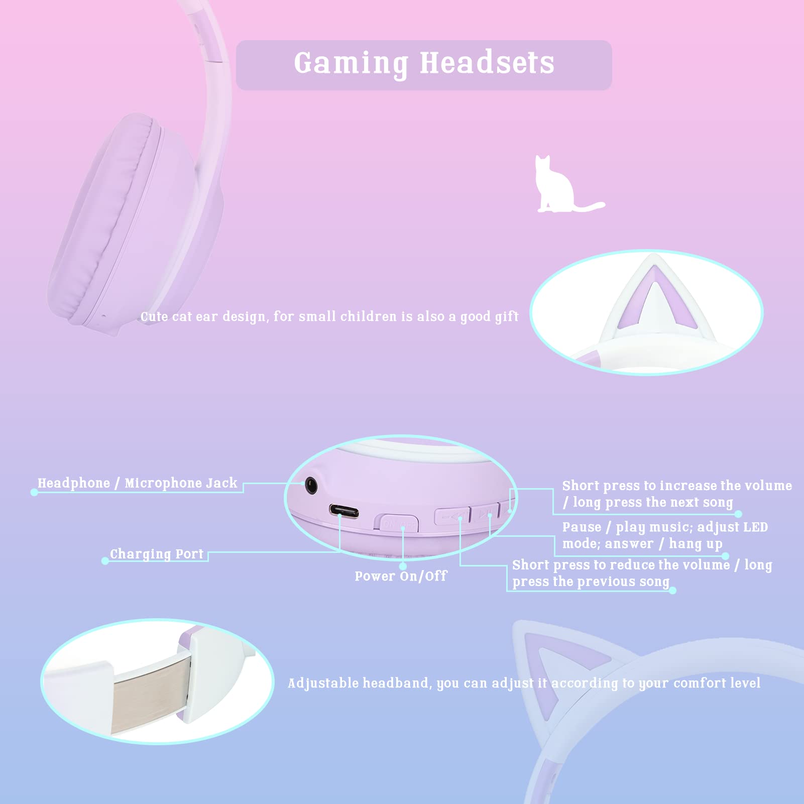 Casque Chat, casque sans fil Bluetooth 5.1 Chat, câble AUX 3.5mm, casque pliable, bandeau ajustable, mic détachable, 7 couleurs de lumières LED et 4 modes LED, convient aux filles et adultes (Violet)