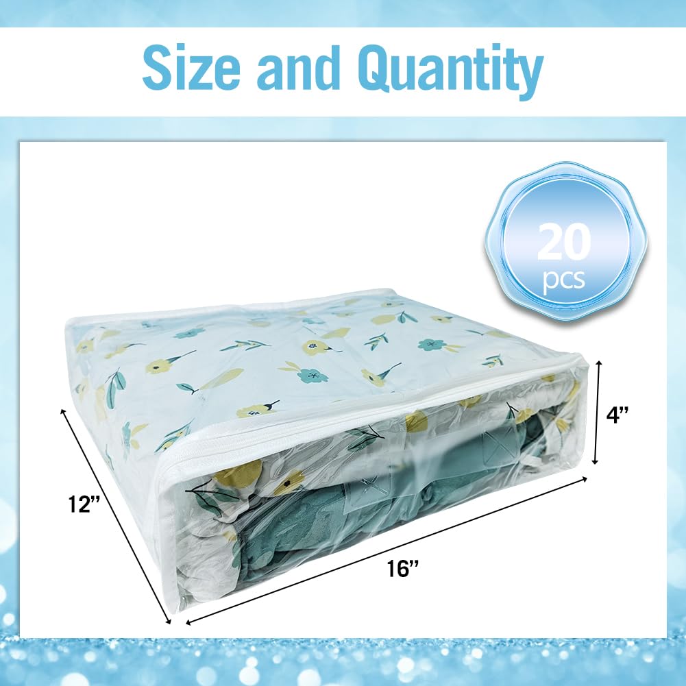 20 bolsas de almacenamiento grandes de vinilo transparente con cremallera con asa – 16 x 12 x 4 pulgadas, para mantas, ropa, sábanas, bolsas de almacenamiento con cremallera para armario, suéter,
