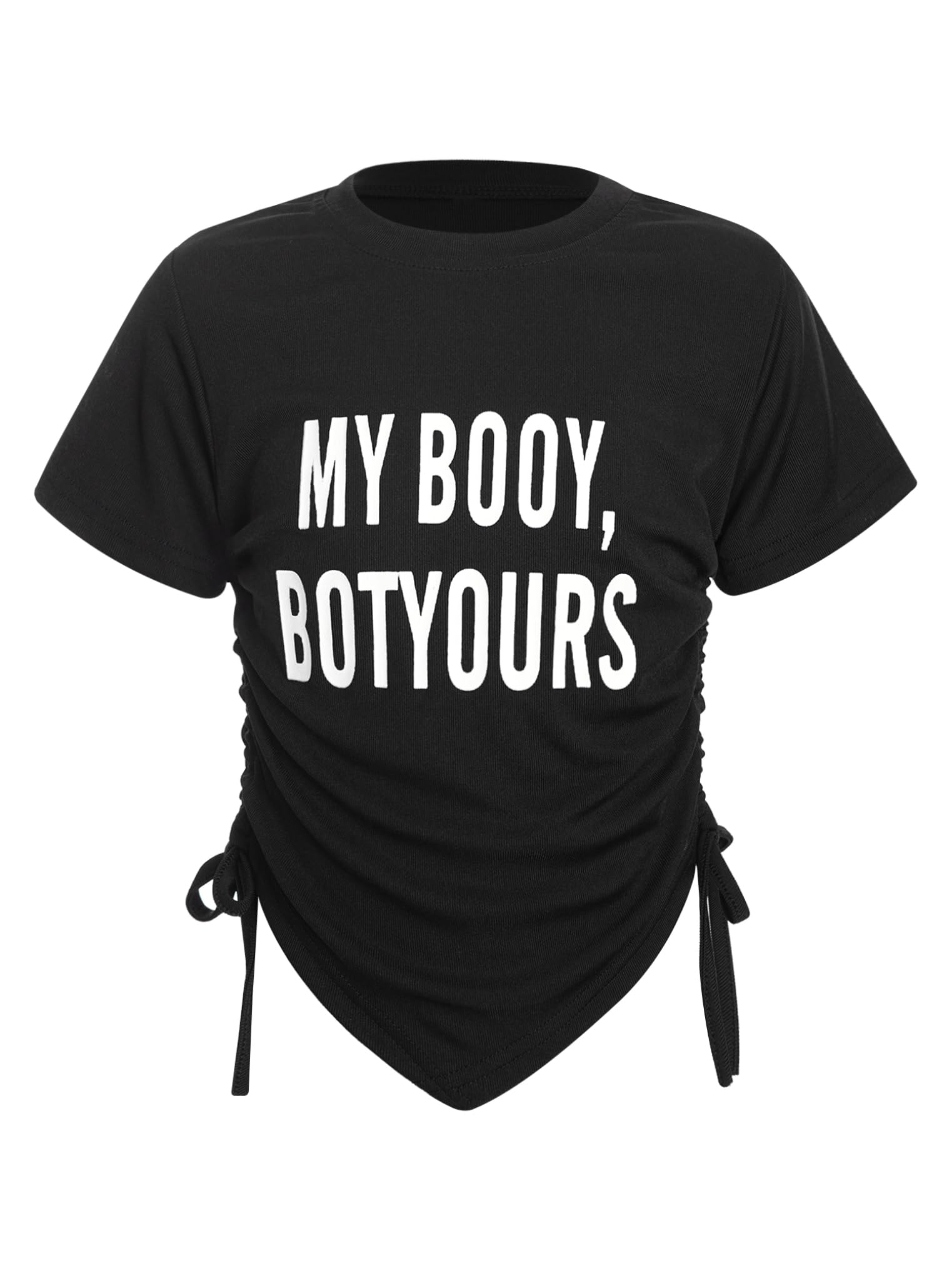 Yeahdor Kids Girls Dance Crop Top Shorts Sleeve Drawstring Letter Print Crop Tops Irregular Hem Tops Black 6 Years