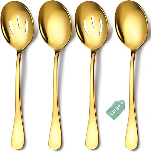 Miniatura 7 de Juego de 4 cucharas de servicio de acero inoxidable, 10 pulgadas, incluye 2 grandes, 2 ranuradas, para fiestas, cocina, bufé, catering, apto para