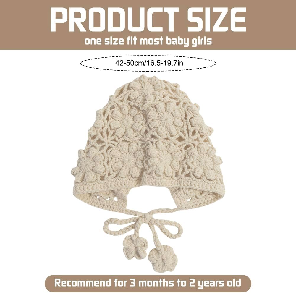 Toddler Girl Beanie Handmade Hollow Crochet Flower Earflap Knit Hats Baby Bonnets with Strap - Image 2