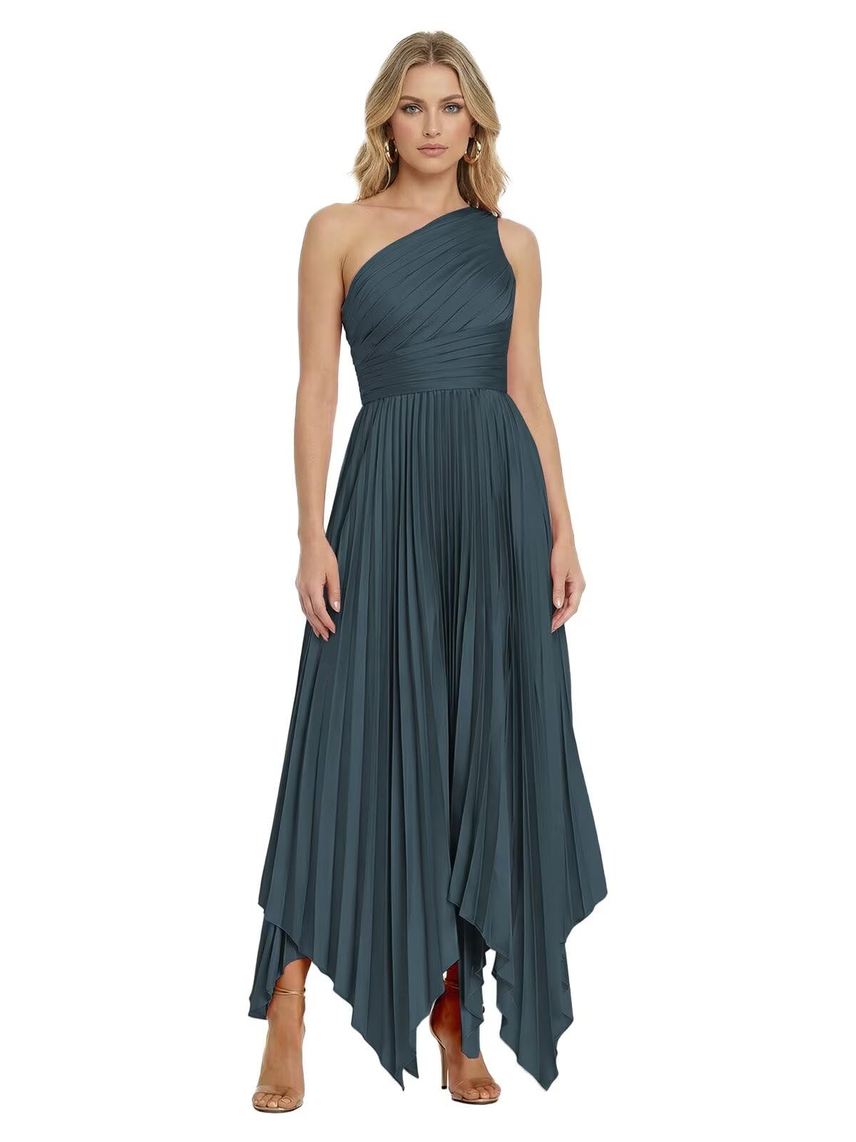 Women's Satin One Shoulder Pleated Prom Dresses Long 2026 A-Line