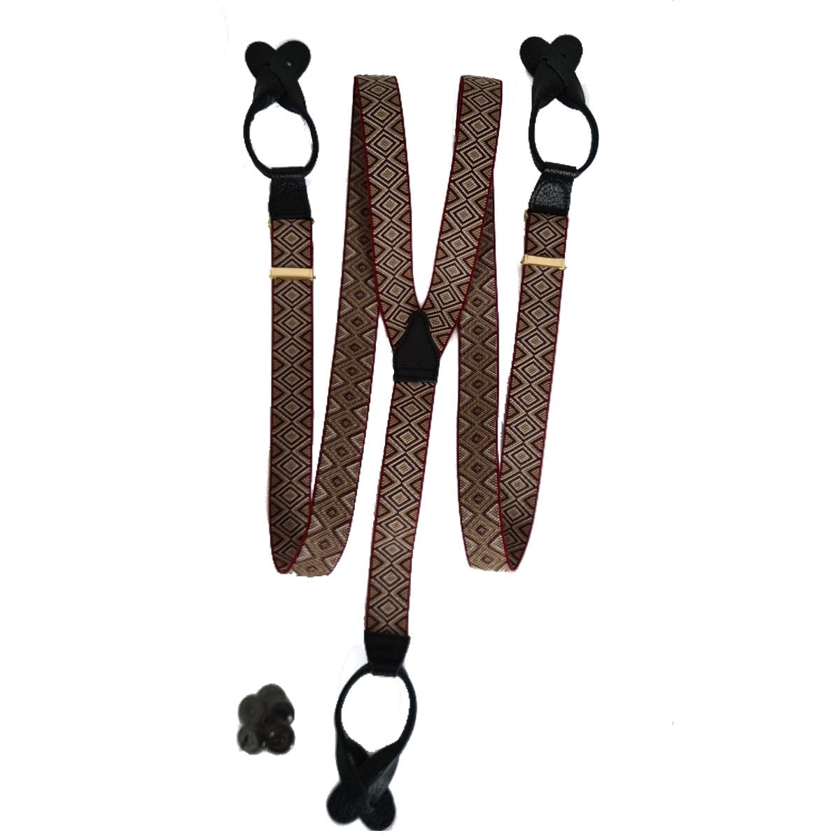 Albert ThurstonButton Braces Wine Diamond with Black Leather/Brass Fittings