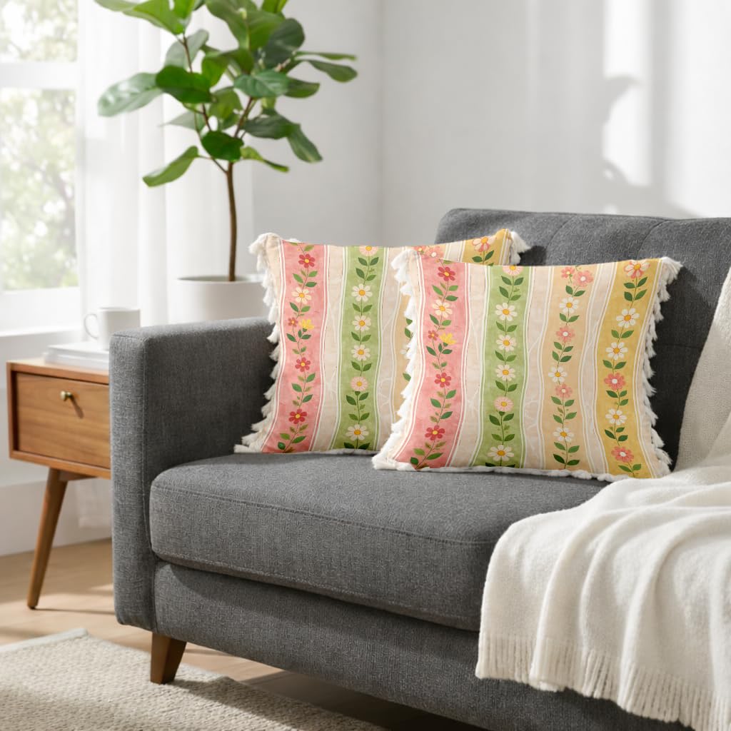STITCHNEST 'Little Meadow Series' Tassled Cushion Cover | Set of 2 | Floral Cushion Cover 16 inch x 16 inch