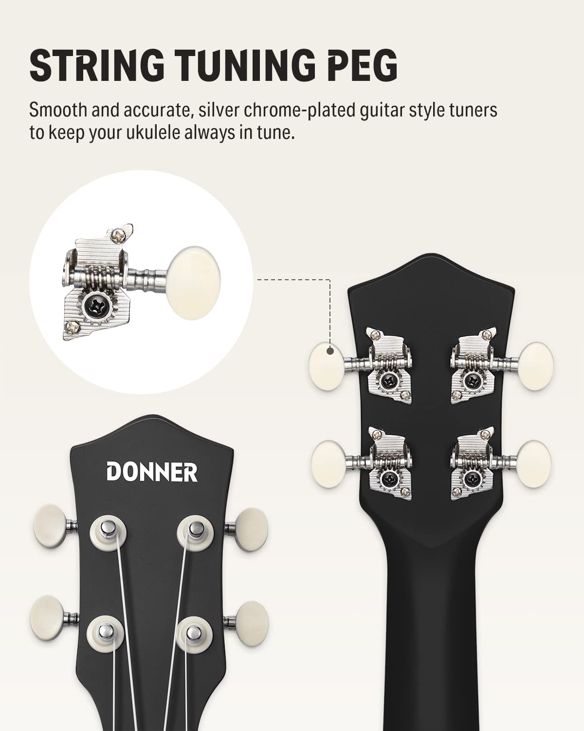 Donner Ukulele soprano per principianti, 53,3 cm, opaco, kit per principianti, con tracolla, accordatore, corde, plettri, panno per lezioni online gratuite, regalo di Natale e compleanno (nero)