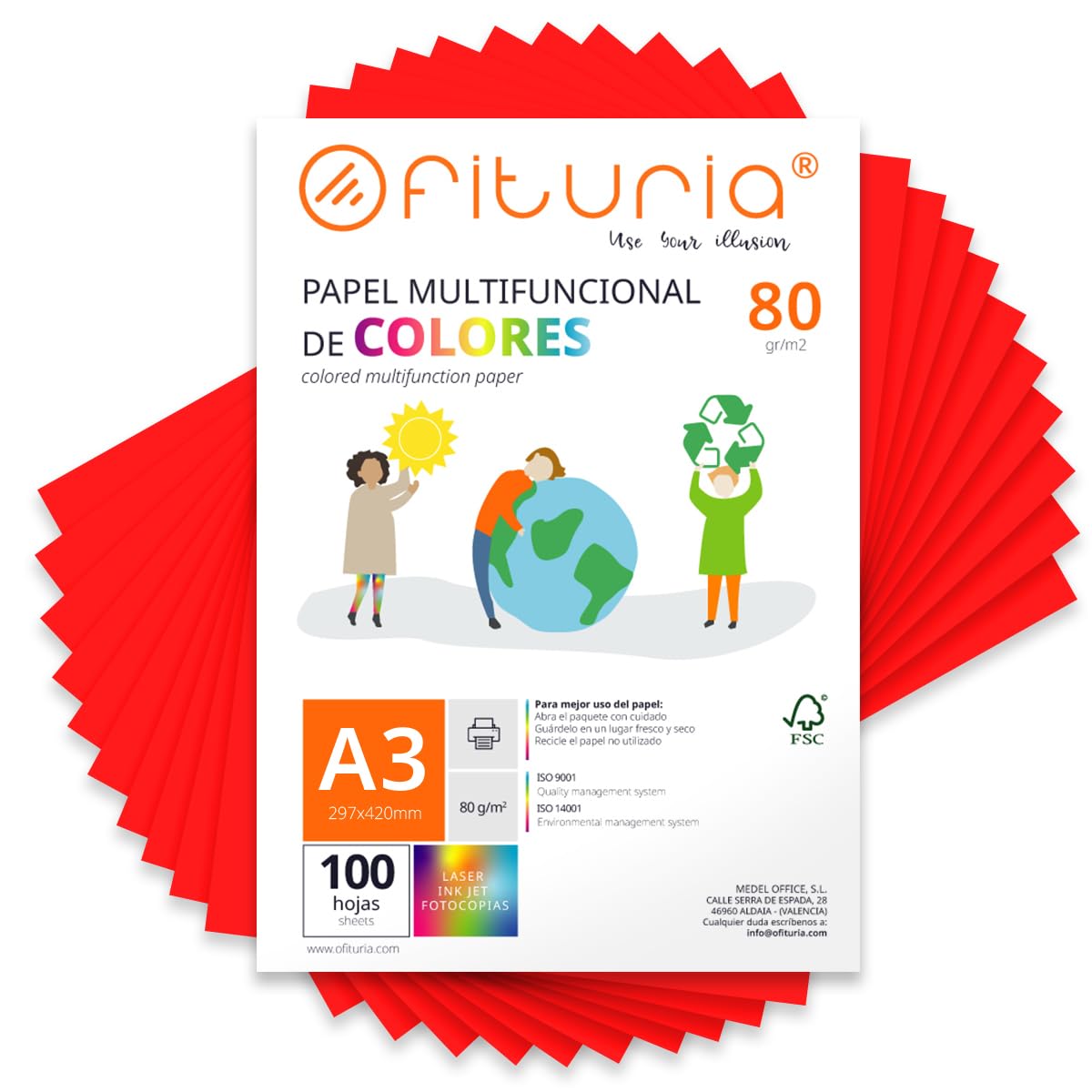 Coloured Sheets, Pack 100 Sheets A3 80 g – Coloured Paper for Crafts, Printer, Scrapbooking – Folios Colours – Ideal Origami, Papiroflexia, Office and School (Red, 100h)
