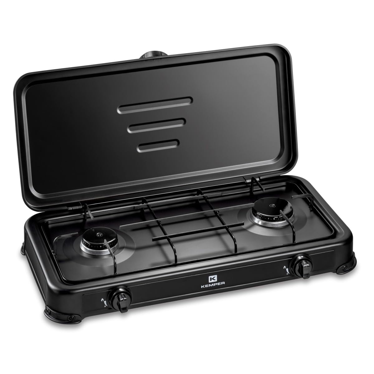 KEMPER - Réchaud gaz portable 2 feux 2600W Noir Couvercle Plaque de cuisson