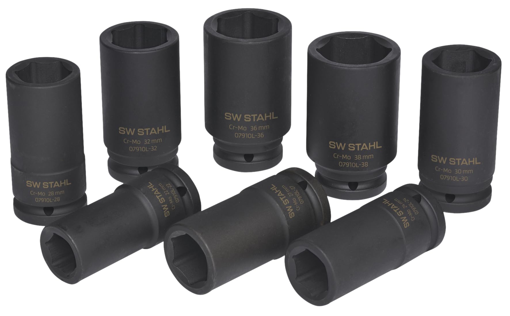 SW-Stahl 07910L Zestaw Kluczy Nasadowych Impact 3/4 Cala, 8 Sztuk | Nasadki sześciokątne ze stali chromowo-wanadowej, rozmiar 20 mm, profesjonalny komplet do kluczy udarowych