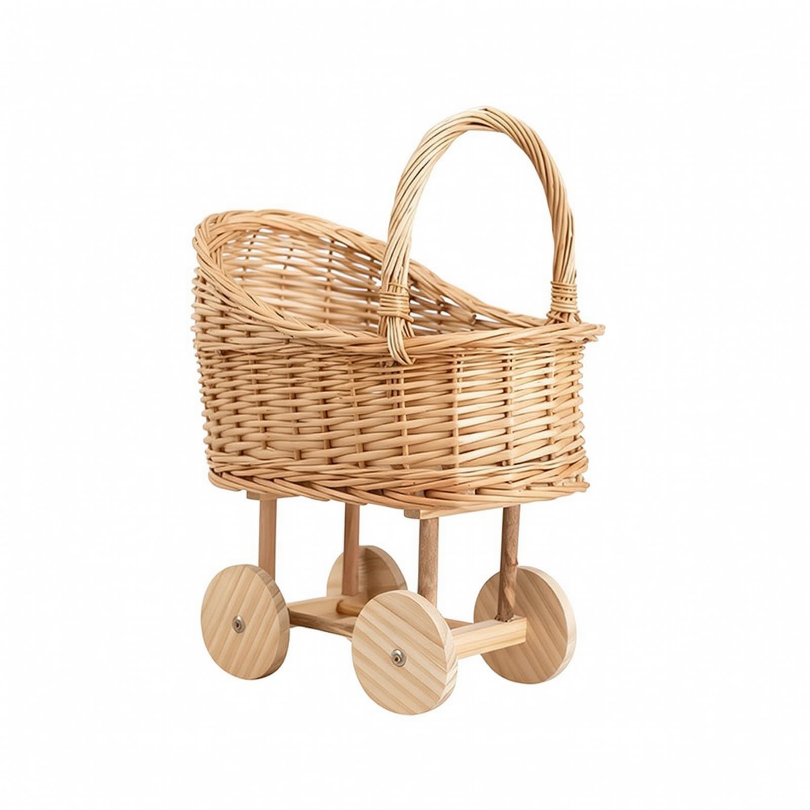 Panier Poussette Vintage en Osier Tressé Chariot Rotin Panier Bercelonnette Style Porte Bébés Poignée Haute Détails Apparents pour Vintage, Grand