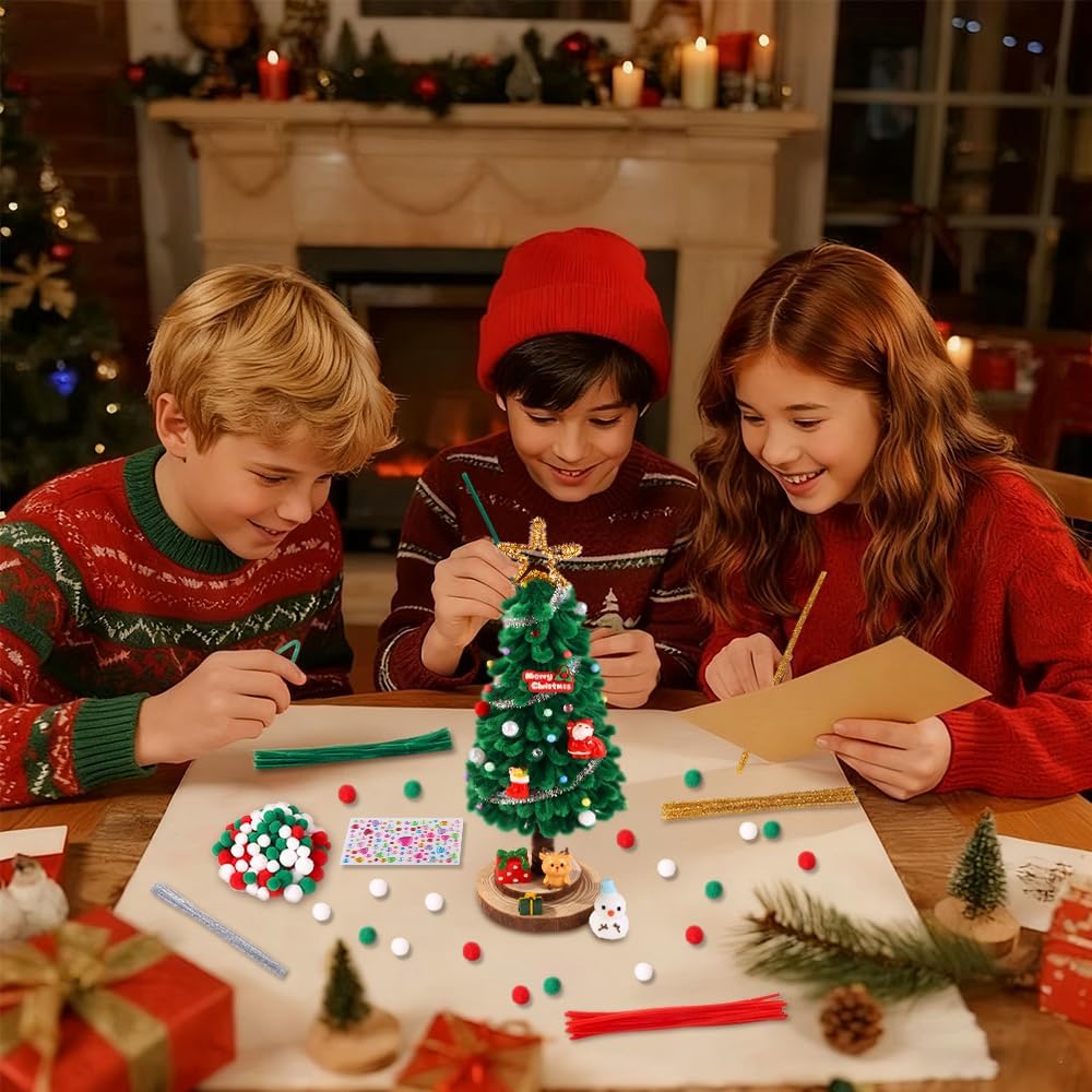 Celltestria 160Pcs Christmas Pipe Cleaner Craft Set DIY Tree Craft Kits Mini Xmas Tree with Light Christmas Tree Ornaments for DIY Christmas Craft Home Decorations