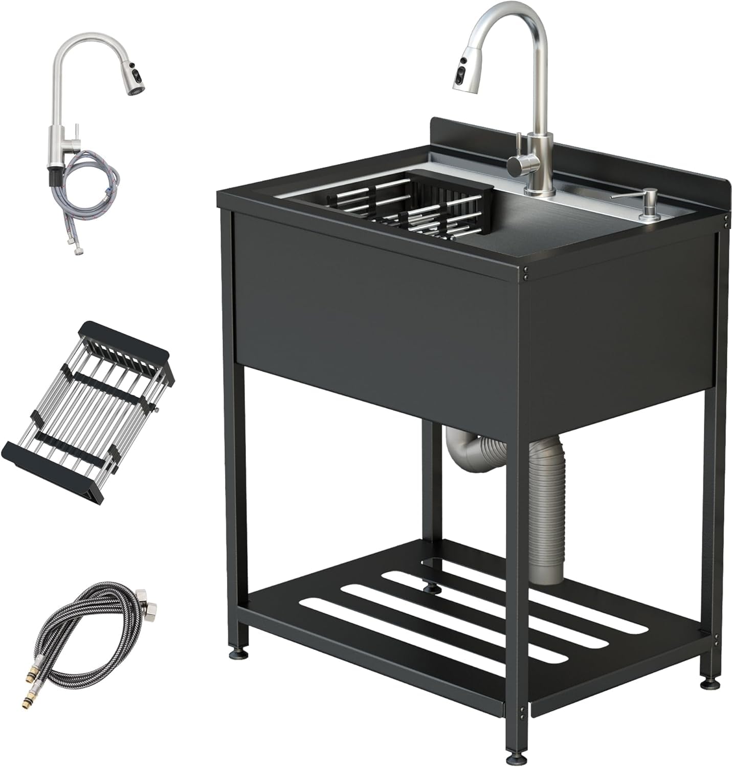 Fregadero de acero inoxidable de cocina, 1 bandeja profesional, 78 x 56 x 100 cm, independiente con grifo y accesorios, fregadero exterior e interior, inmersión de acero inoxidable para cocina