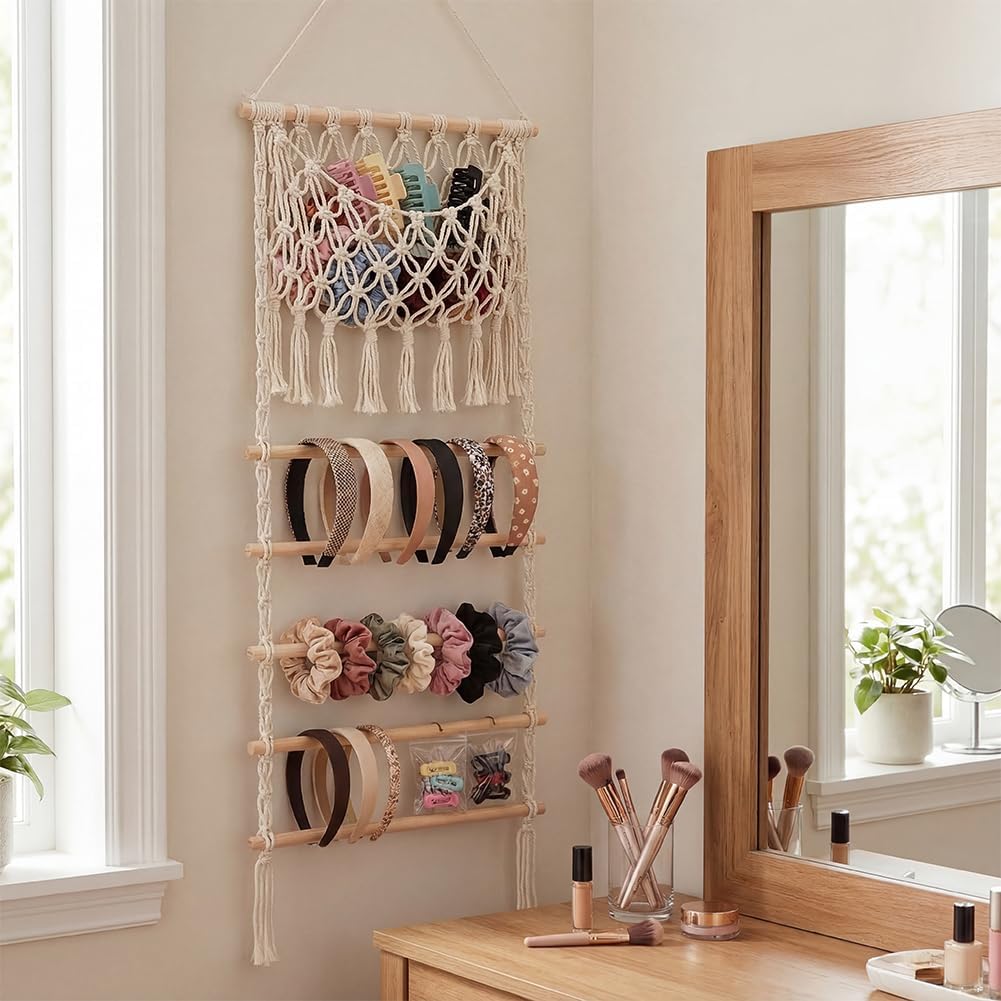 Macrame Hair Claw Clip Organizer, Scrunchies Holder and Hair Ties Organizer with Large Capacity Mesh Bag for Women Girls, Hair Accessorie Hanging Storage for Wall, Door or Closet, Home Decor