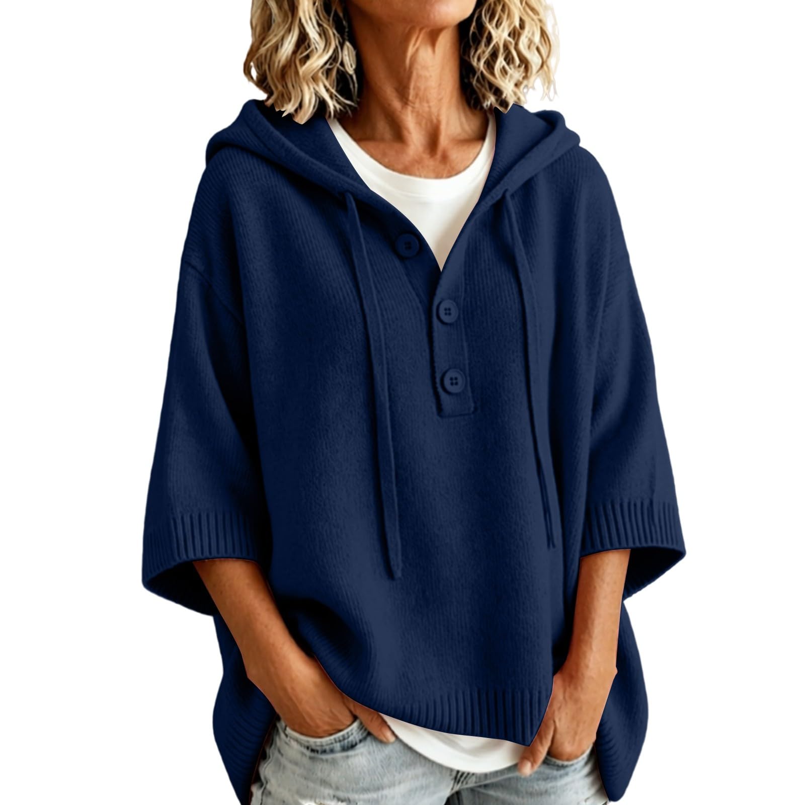 Maglioni con maniche a 3/4 da donna con cappuccio con bottoni pullover