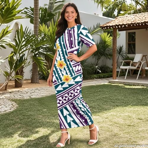 Image of Polynesian Dress for Women Short Sleeve High Waist Maxi Skirt | Puletasi dress, t-shirt and skirt two-piece, elastic material, lightweight, soft, plus size, luau party, wedding, clubwear
