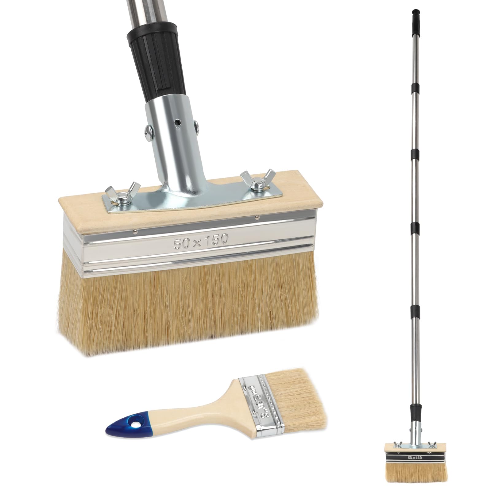 Terrassen-Streichbürste mit Teleskopstiel – 150mm Lasurpinsel & 3-Zoll Malerbürste – inkl. 152 cm Verlängerungsstiel – Streichbürste für Holzterrasse, Zaun, Betonboden, Holzschutz, Öl, Lack, Lasur