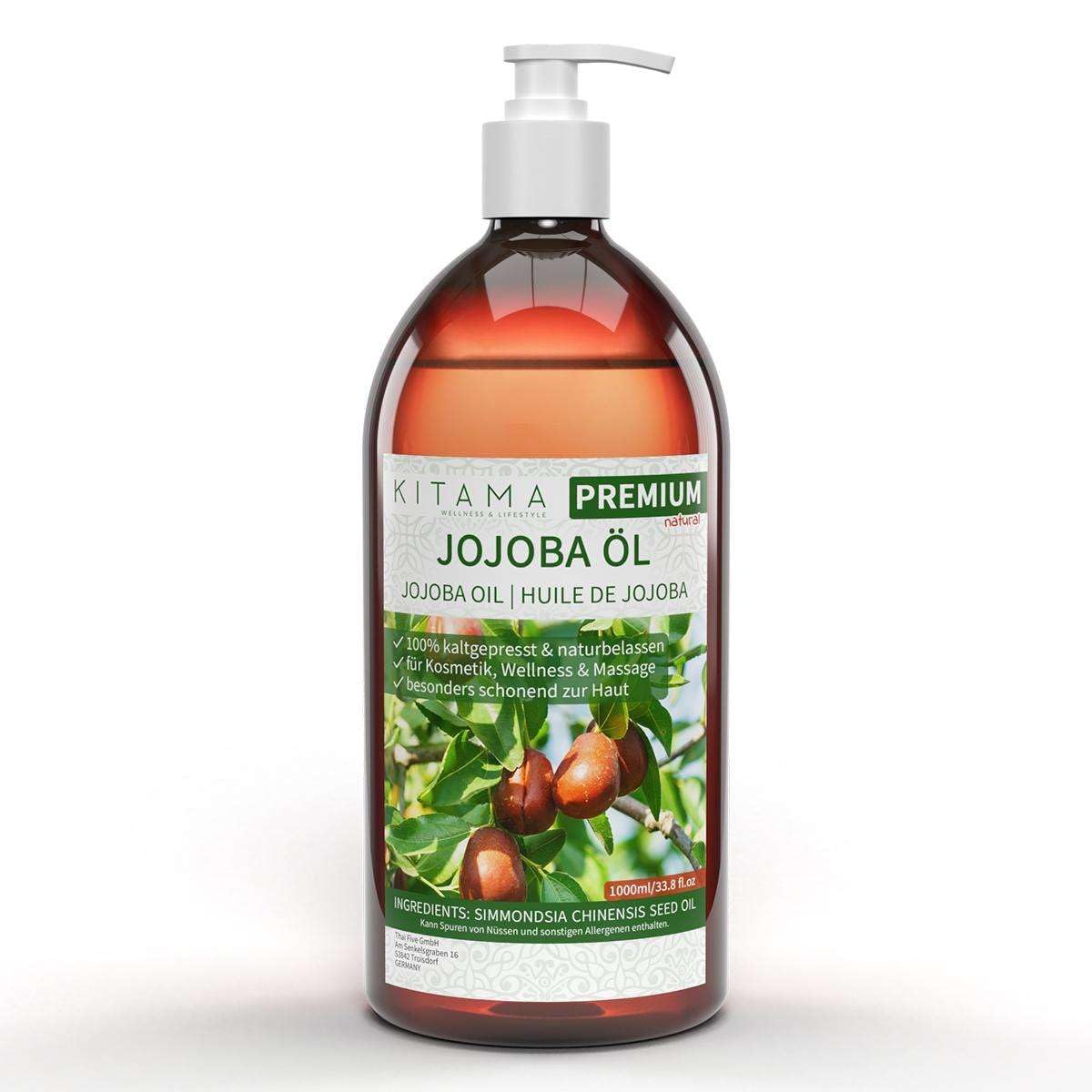 Aceite de jojoba prensado en frío de oro de 1 litro (1000 ml) - 100% puro - MyThaiMassage Premium - natural y vegano