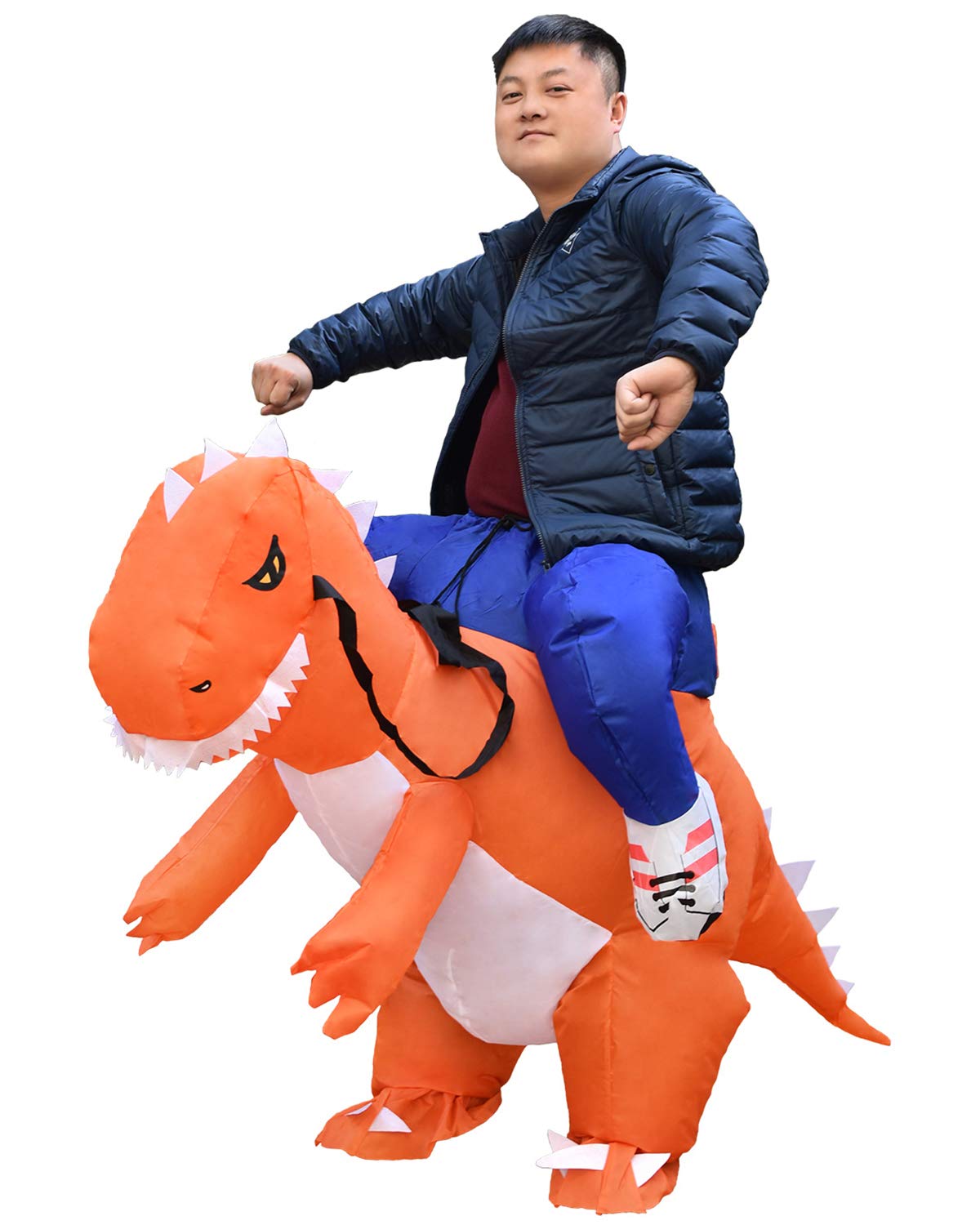 Inflatable Dinosaur Costume for Adult Ride a Dino for Halloween Blow Up Fancy Dress Orange