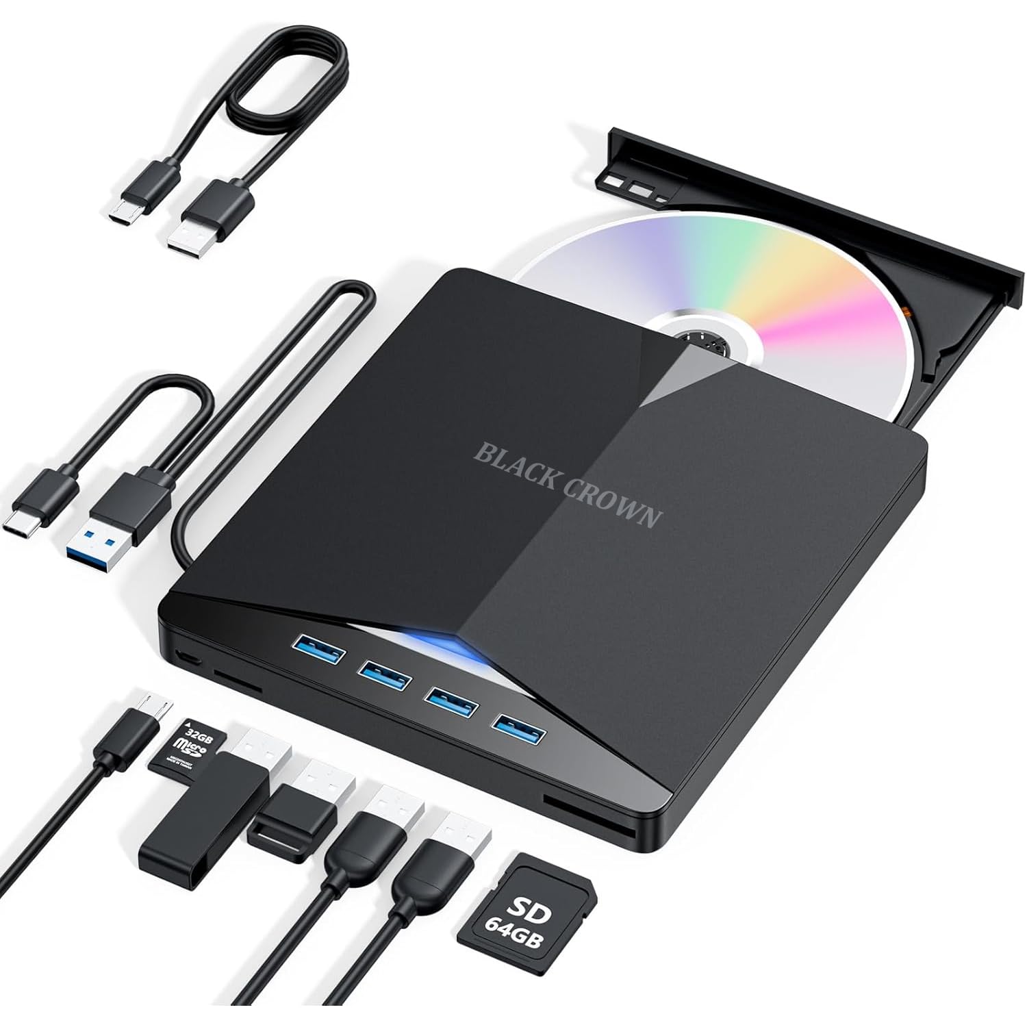 BLACK CROWN 7 in 1 External DVD Drive - USB 3.0 Type-C Player and Burner, Slim 3D CD DVD Writer for Laptop PC Desktop Windows XP/7/8/10.-image-38