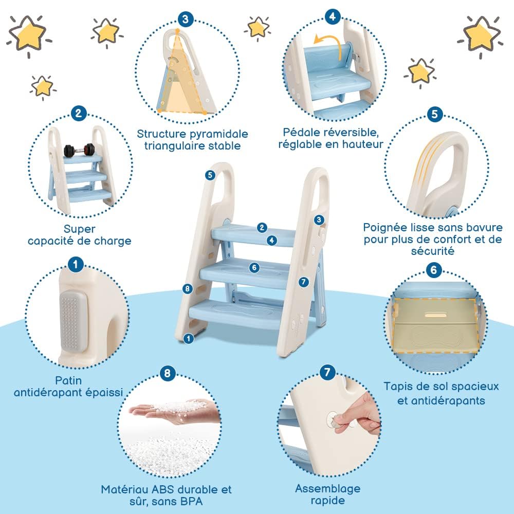 Onasti Sgabello a tre gradini pieghevoli per bambini, Scaletta 3 gradini, Sedile per Addestramento WC, Multifunzione, Regolabile in Altezza, Antiscivolo (Blu)