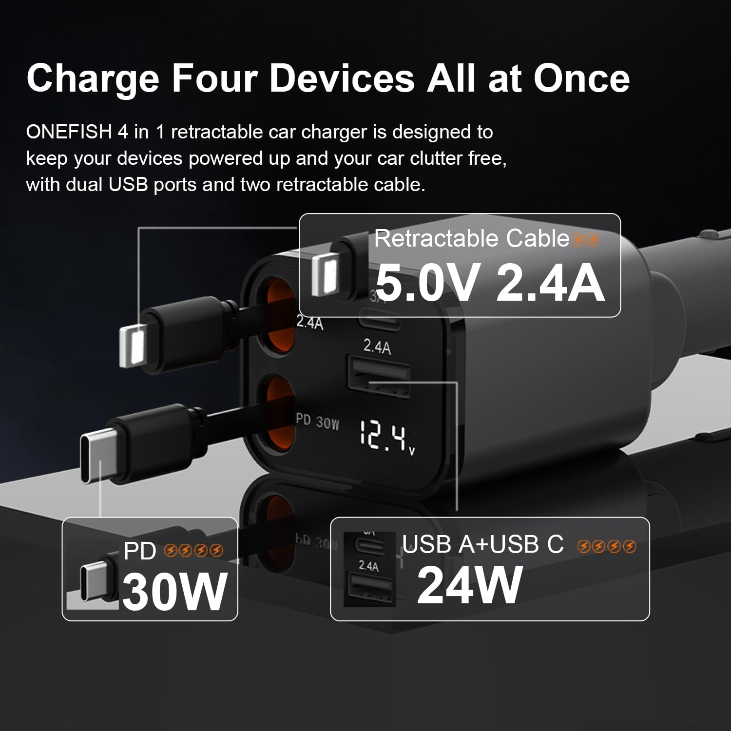 OneFish 12V&24V Retractable Cord 4 in 1 Fast Car Charger, 4Ports (PD30W+PD12W x3), Cigarette Lighter Chargers with USB Type C Ports Display, for iPhone 17 16 Pro Max Plus/iPad, Car Truck Essentials