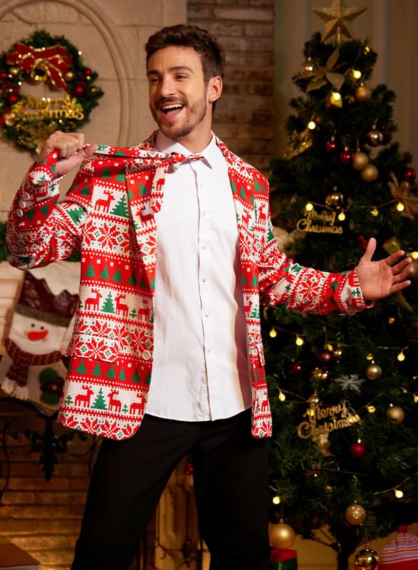 Men Xmas Jacket Ugly Christmas Suit Long Sleeve Red Novelty Pixel Reindeer Button Blazer with Tie XL4