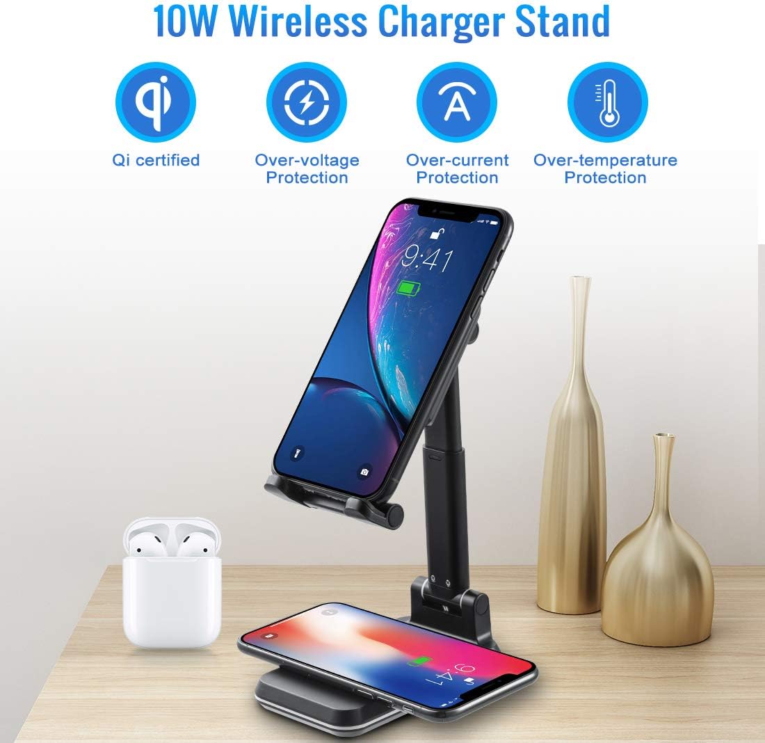 🔥 Crаzу Dеаlѕ Fast Wireless Charging Stand for Desk, 2 in 1 Foldable Cell Phone Holder Charger 10W/7.5W/5W Compatible with iPhone 11/11 Pro Max/SE,Samsung Galaxy S20, S20 Plus, S10, S10+,AirPods etc，Black
