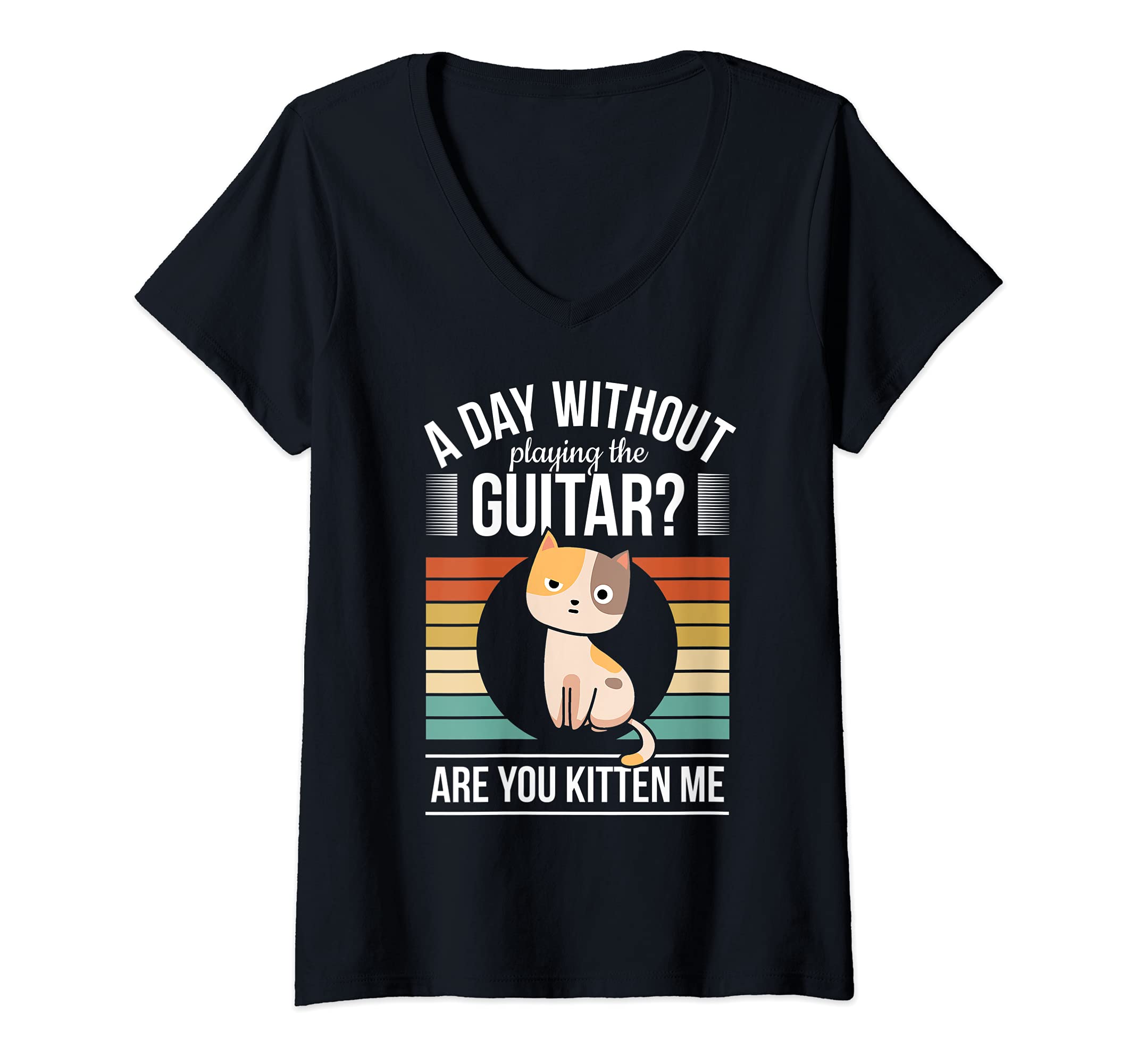 Womens Funny Guitar Player Saying Guitarist I Kitten Pun Cat V-Neck T-Shirt, Black